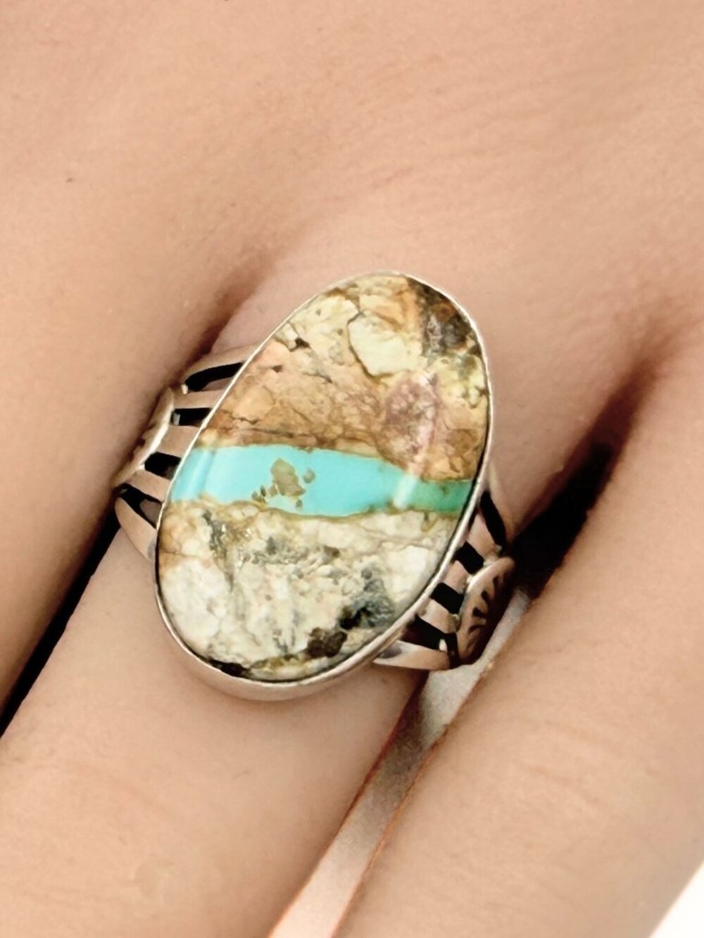 Silbert Nastacio Marked Sterling Silver Oval Ribbon Royston Navajo Ring Sz 6